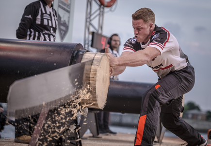 Above: 2-time Canadian Champion and B.C. native Stirling Hart competes in the single buck discipline during the STIHL TIMBERSPORTS Champions Trophy at the Hamburg Cruise Center Altona in Hamburg, Germany on May 20, 2017