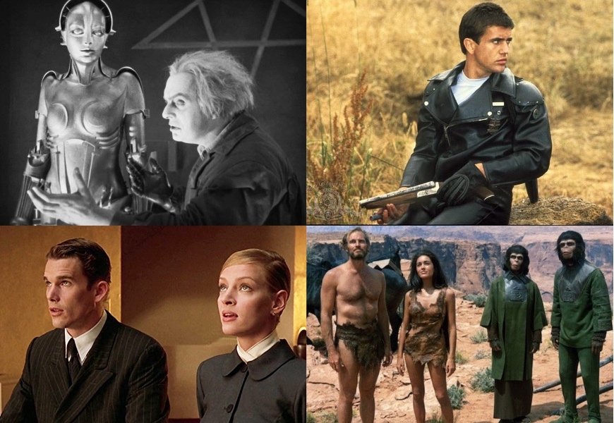 Above (clockwise): Metropolis (1927), Mad Max (1979), Planet of the Apes (1968), Gattaca (1997)