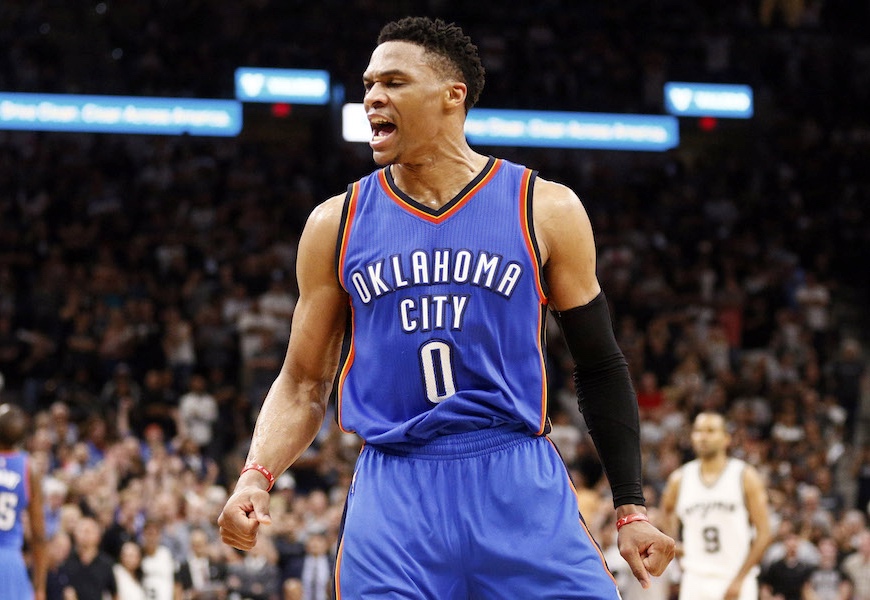Above: Westbrook celebrates a basket during the NBA playoffs