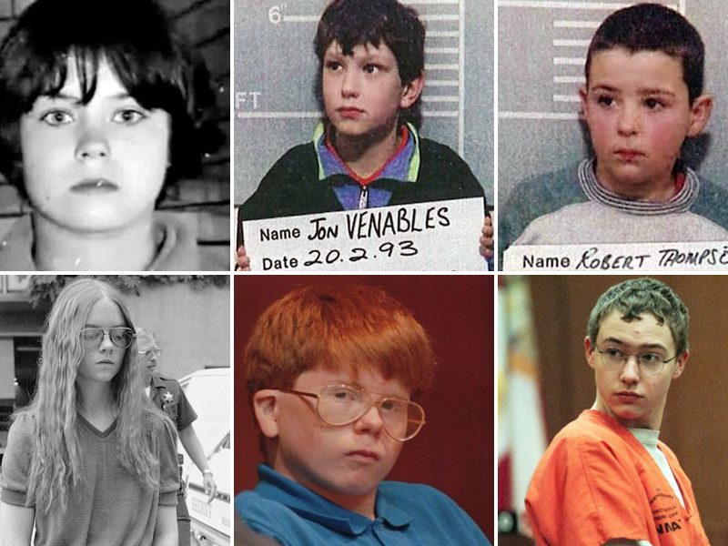 Above, top row (L-R): Mary Bell, Jon Venables, and Robert Thompson / Above, bottom row (L-R): Brenda Spencer, Eric Smith, and Josh Phillips