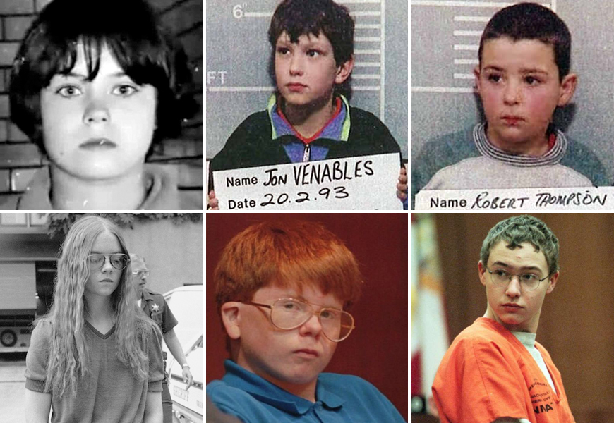 Above, top row (L-R): Mary Bell, Jon Venables, and Robert Thompson / Above, bottom row (L-R): Brenda Spencer, Eric Smith, and Josh Phillips