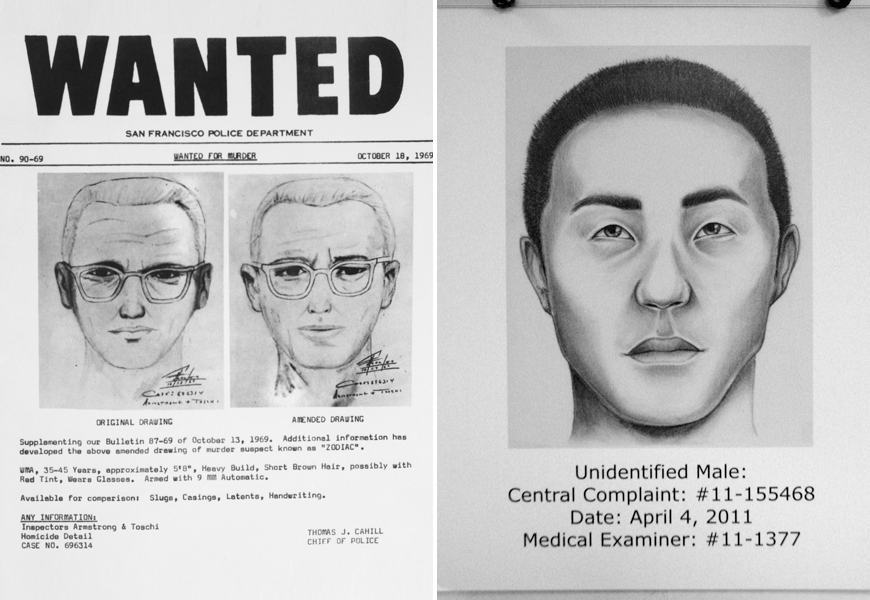 Above: A wanted poster from the San Francisco Police Department for the Zodiac Killer and a sketch from the unsolved case of the Long Island Serial Killer
