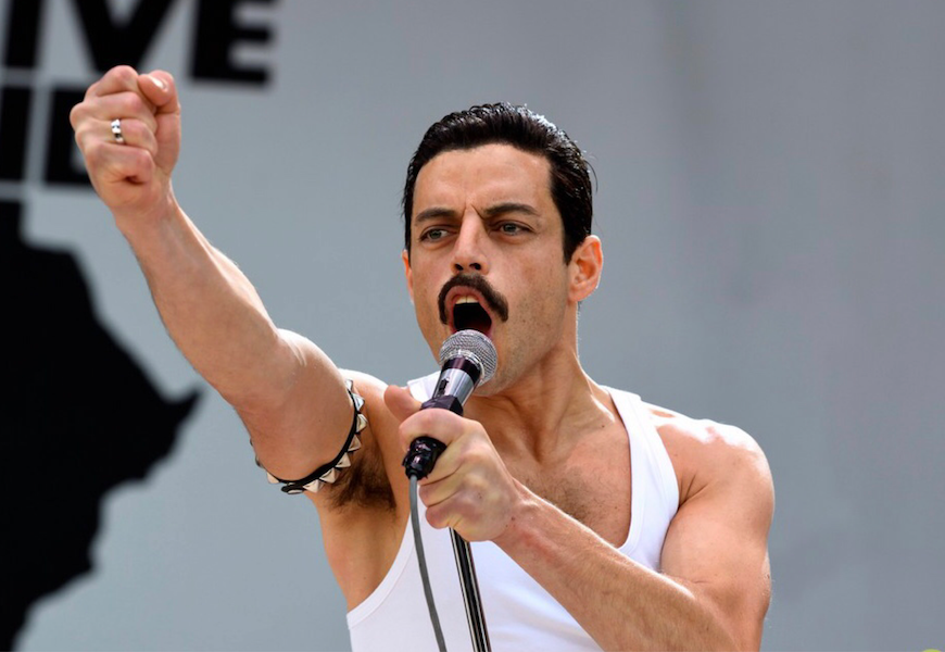 Above: Rami Malek portrays Freddie Mercury during his iconic Live Aid performance