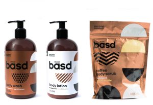 Above: Basd Seductive Sandalwood Body Wash, Body Lotion and the Basd Coffee Body Scrub in Indulgent Crème Brûlée